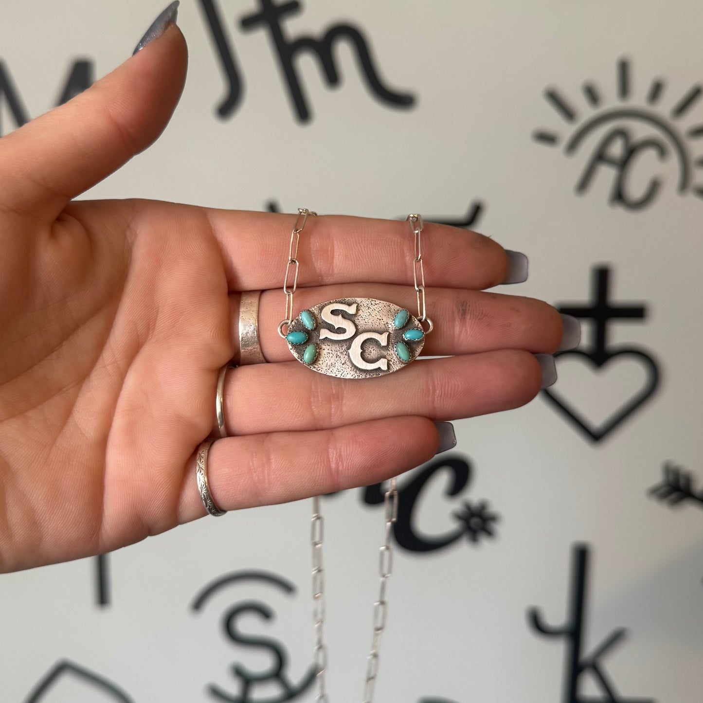 Initials SC Turquoise Oval Necklace