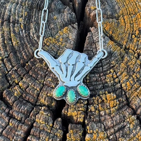 Skelly Hand Necklace (large with green turquoise)